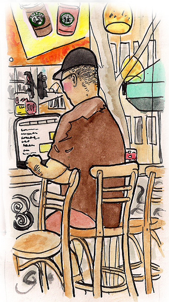 Artist David Jack's drawing of a laptop user at Starbucks