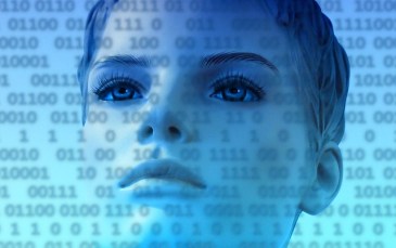 Woman's face with binary code on top