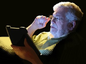 Illustration of man reading on iPad by Susan Murtaugh