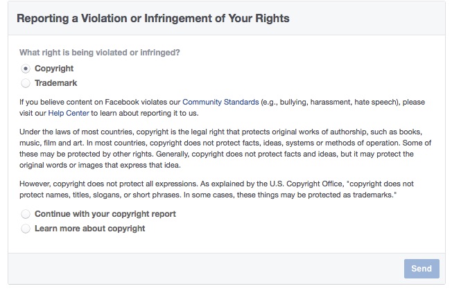 Reporting copyright infringement on Facebook