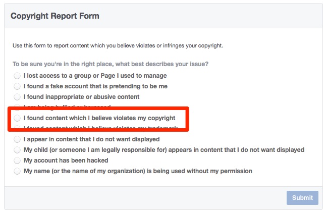 Reporting copyright infringement on Facebook