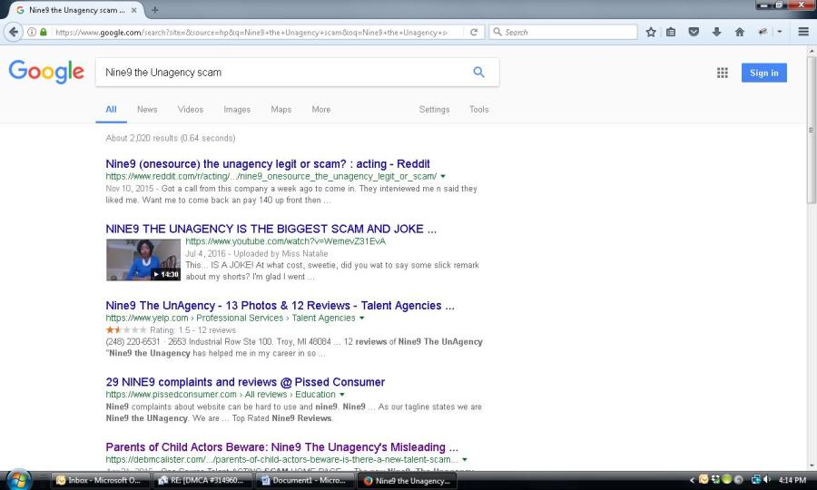 Google Nine9 Scan results page