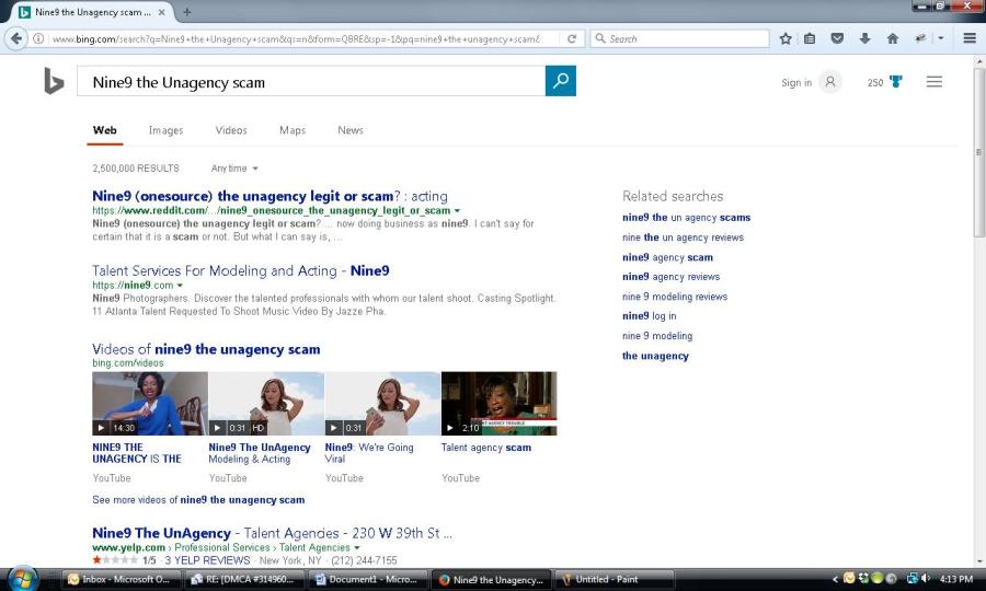 Nine9 the Unagency Scam Bing search screen